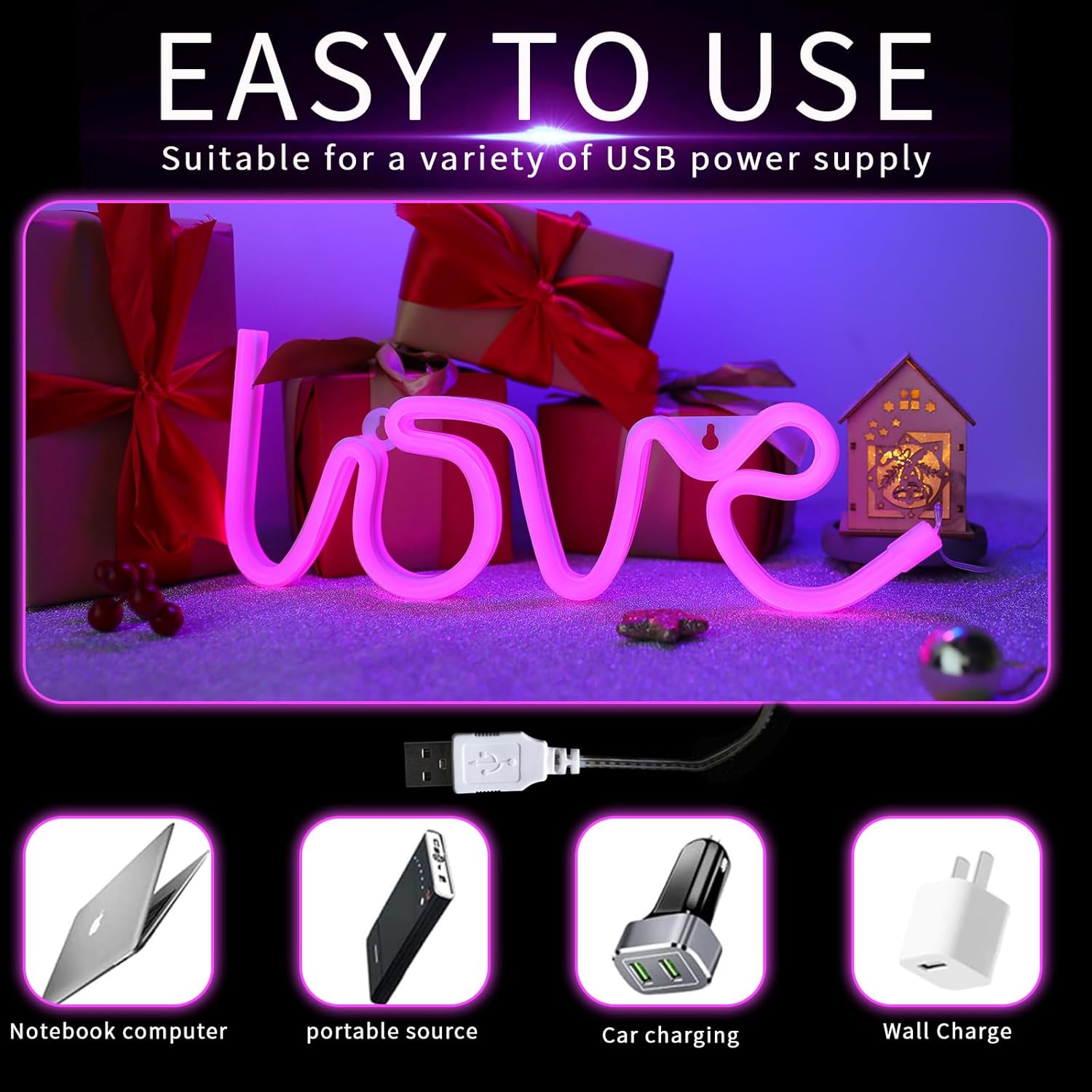 Love Neon Sign Herz LED Neonlicht – USB & Batterie betrieben, romantische Wanddeko für Hochzeit, Geburtstag & Party