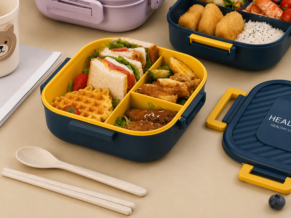 Lunchbox mit 3 Fächern und Besteck – Auslaufsichere Brotdose für Schule, Arbeit und unterwegs in Grün