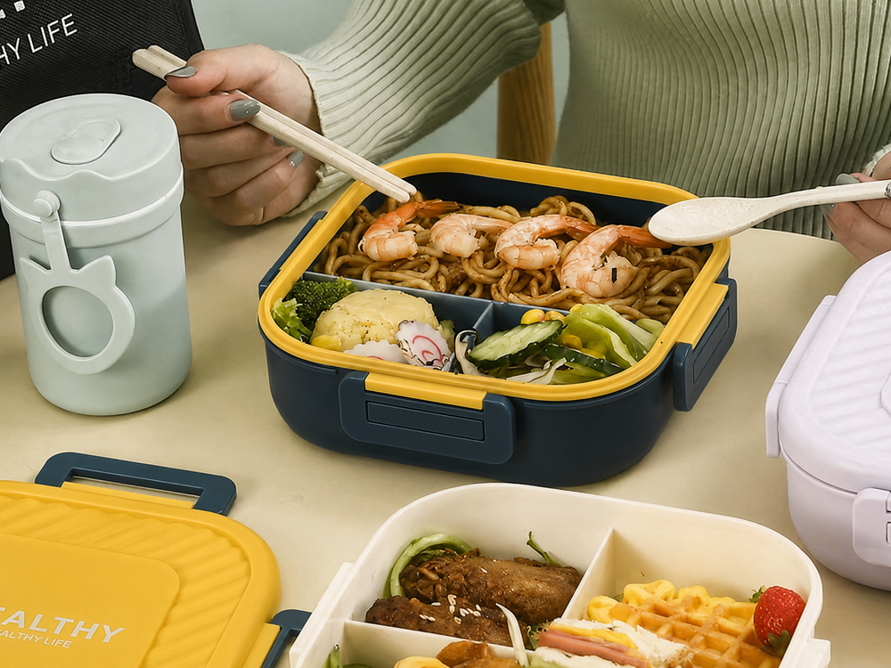 Lunchbox mit 3 Fächern und Besteck – Auslaufsichere Brotdose für Schule, Arbeit und unterwegs in Grün