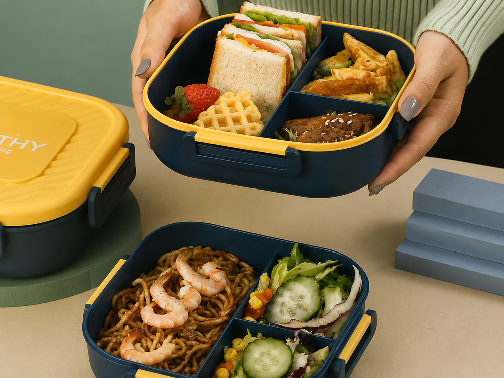 Lunchbox mit 3 Fächern und Besteck – Auslaufsichere Brotdose für Schule, Arbeit und unterwegs in Grün