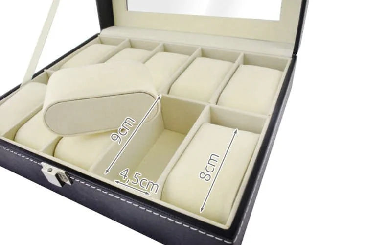 Uhrenbox für 10 Uhren – schwarzer Uhrenkoffer aus PU mit Sichtfenster, Uhrenetui Organizer und Geschenkbox