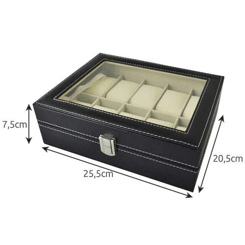 Uhrenbox für 10 Uhren – schwarzer Uhrenkoffer aus PU mit Sichtfenster, Uhrenetui Organizer und Geschenkbox