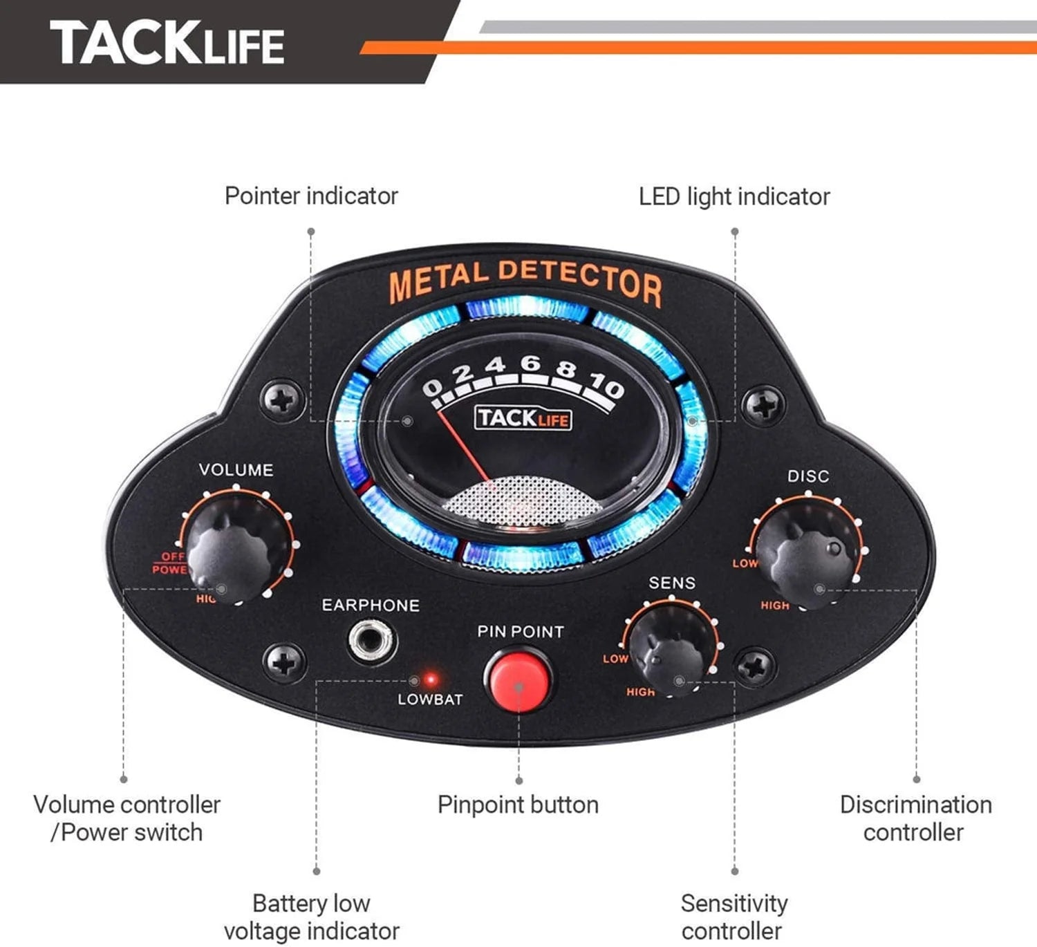 TACKLIFE Metal Detector Metal Detectors LED Light Gold Coins Detector 