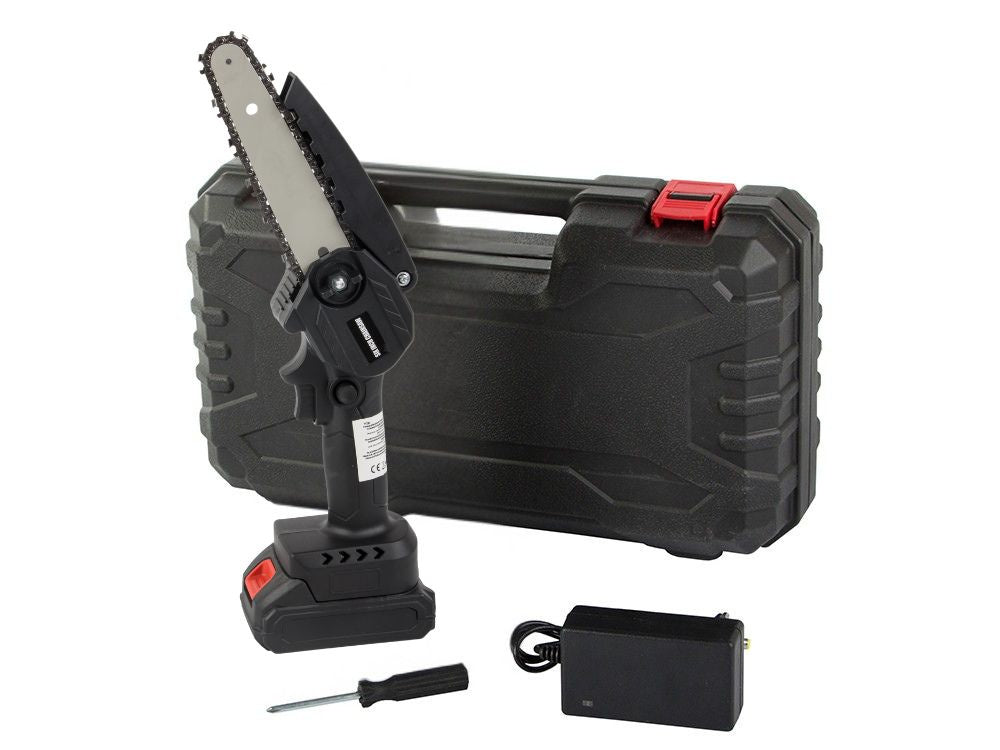 Mini Akku Kettensäge 6 Zoll 21V mit Akku, Ladegerät und Koffer – Handliche Astsäge für Garten, Baumschnitt und Holz