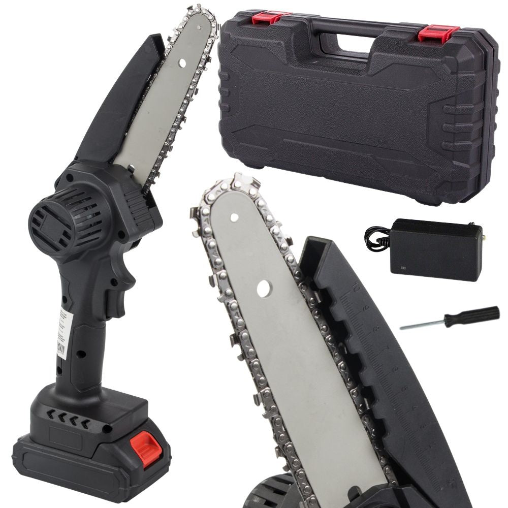 Mini Akku Kettensäge 6 Zoll 21V mit Akku, Ladegerät und Koffer – Handliche Astsäge für Garten, Baumschnitt und Holz