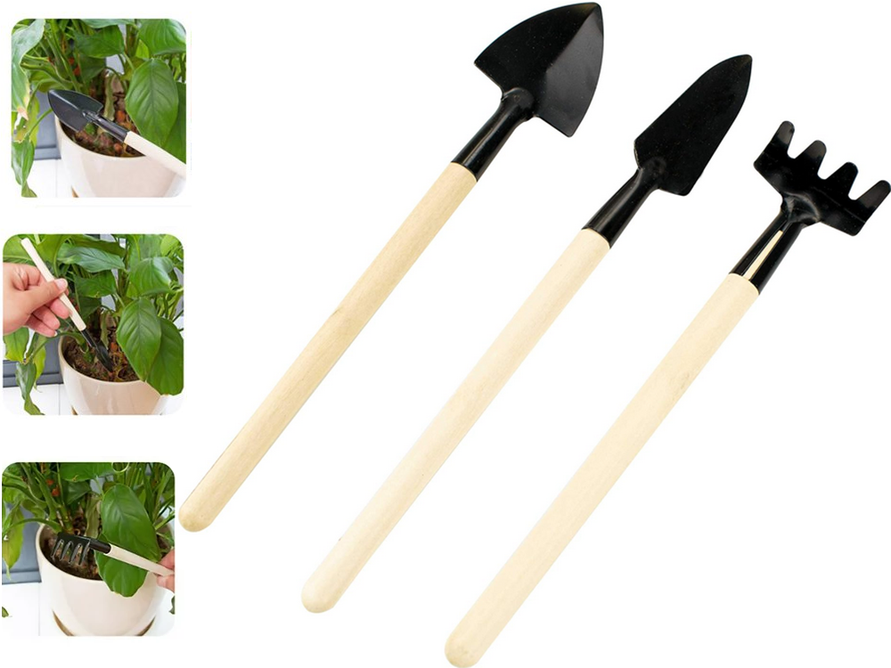 Mini Gartenwerkzeug Set 3-teilig – Schaufel Rechen Spaten für Topfpflanzen Umtopfen