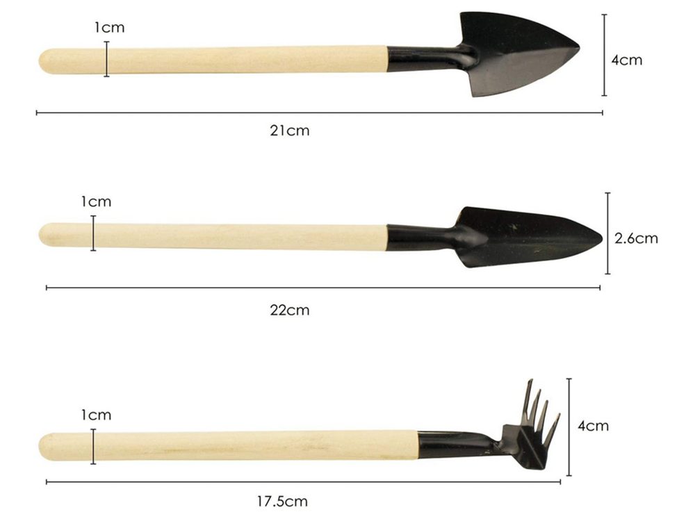 Mini Gartenwerkzeug Set 3-teilig – Schaufel Rechen Spaten für Topfpflanzen Umtopfen