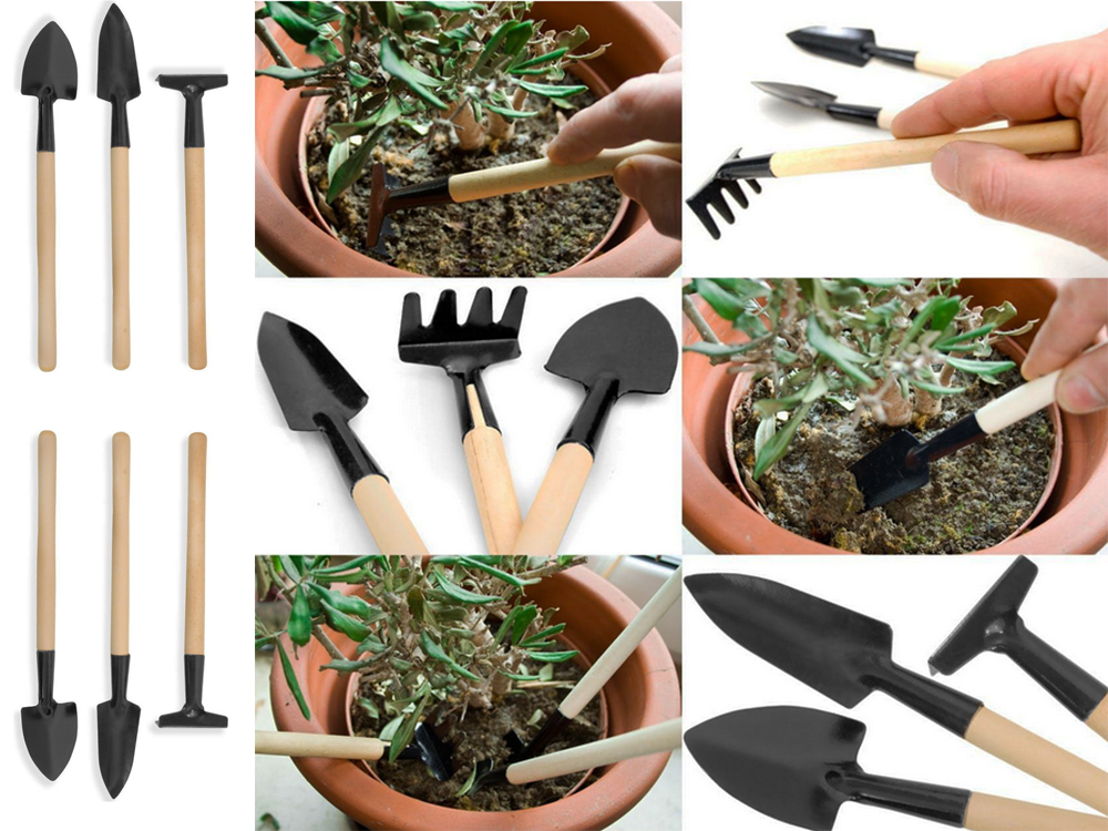 Mini Gartenwerkzeug Set 3-teilig – Schaufel Rechen Spaten für Topfpflanzen Umtopfen