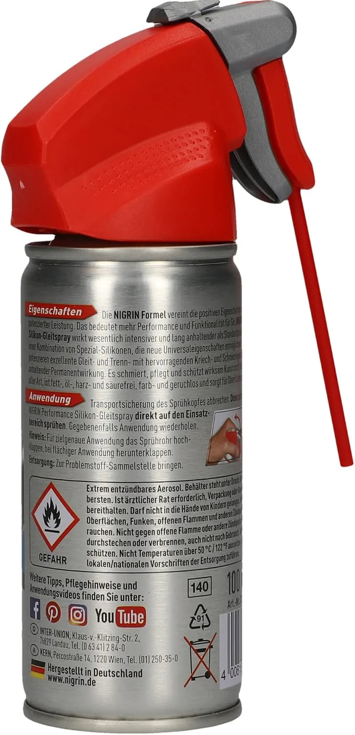 NIGRIN HyBrid Silikon-Gleitspray 100 ml – Schmiermittel für Kunststoff, Gummi, Holz und Metall