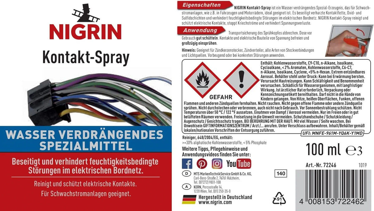 NIGRIN Kontakt-Spray 100 ml – Kontaktreiniger und Schutzspray für elektrische Kontakte bis 50 V
