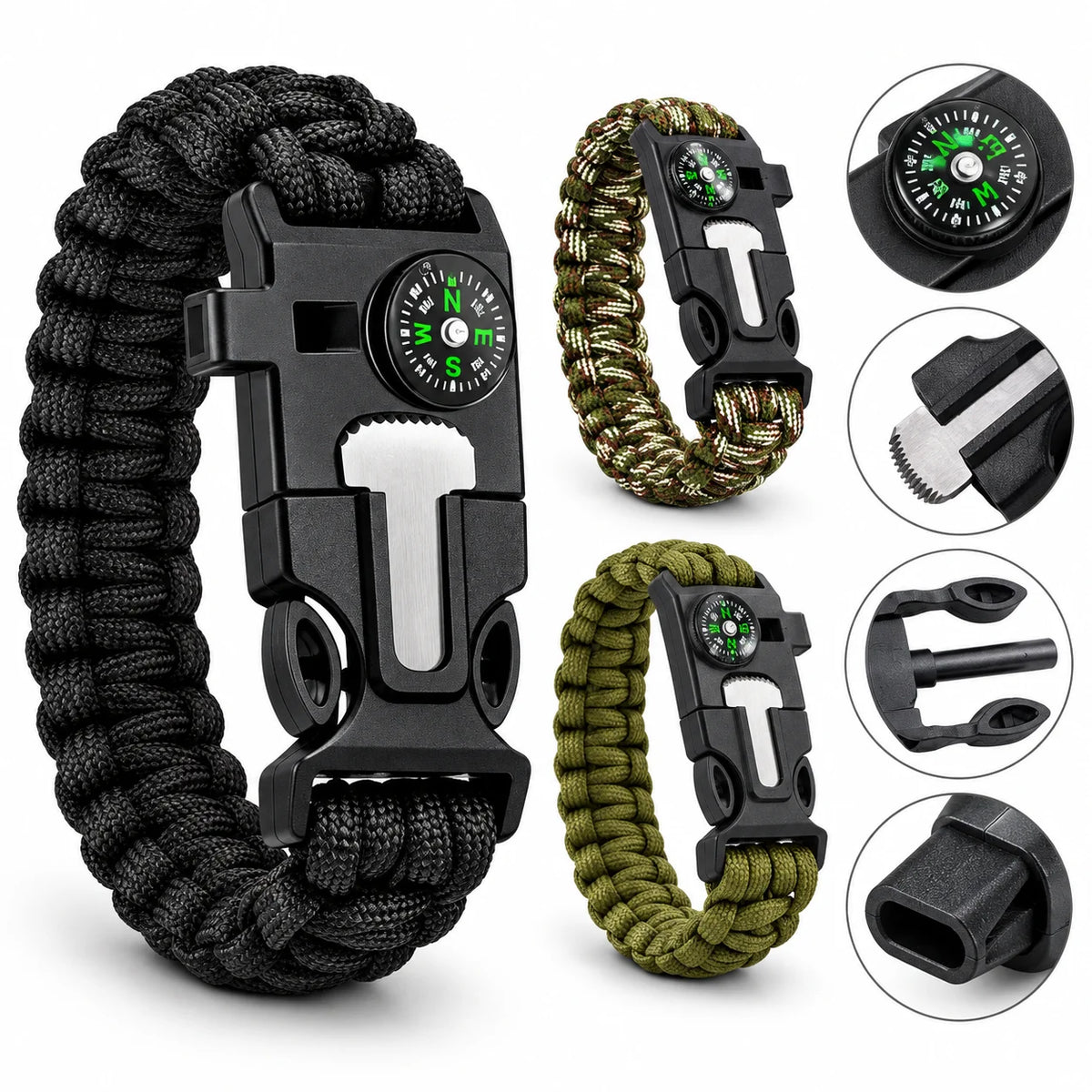 Survival Armband 5in1 mit Paracord, Kompass, Feuerstarter & Pfeife – Outdoor Notfallarmband für Camping, Wandern und Trekking