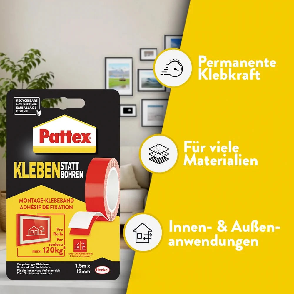 Pattex Kleben statt Bohren Klebeband 19 mm x 1,5 m – doppelseitiges Montageband für Innen & Außen