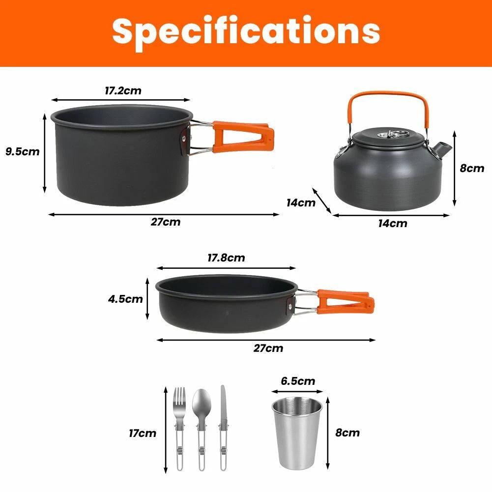 Camping Kochgeschirr Set für 2–3 Personen – Outdoor Töpfe, Pfanne & Kessel 11-teilig