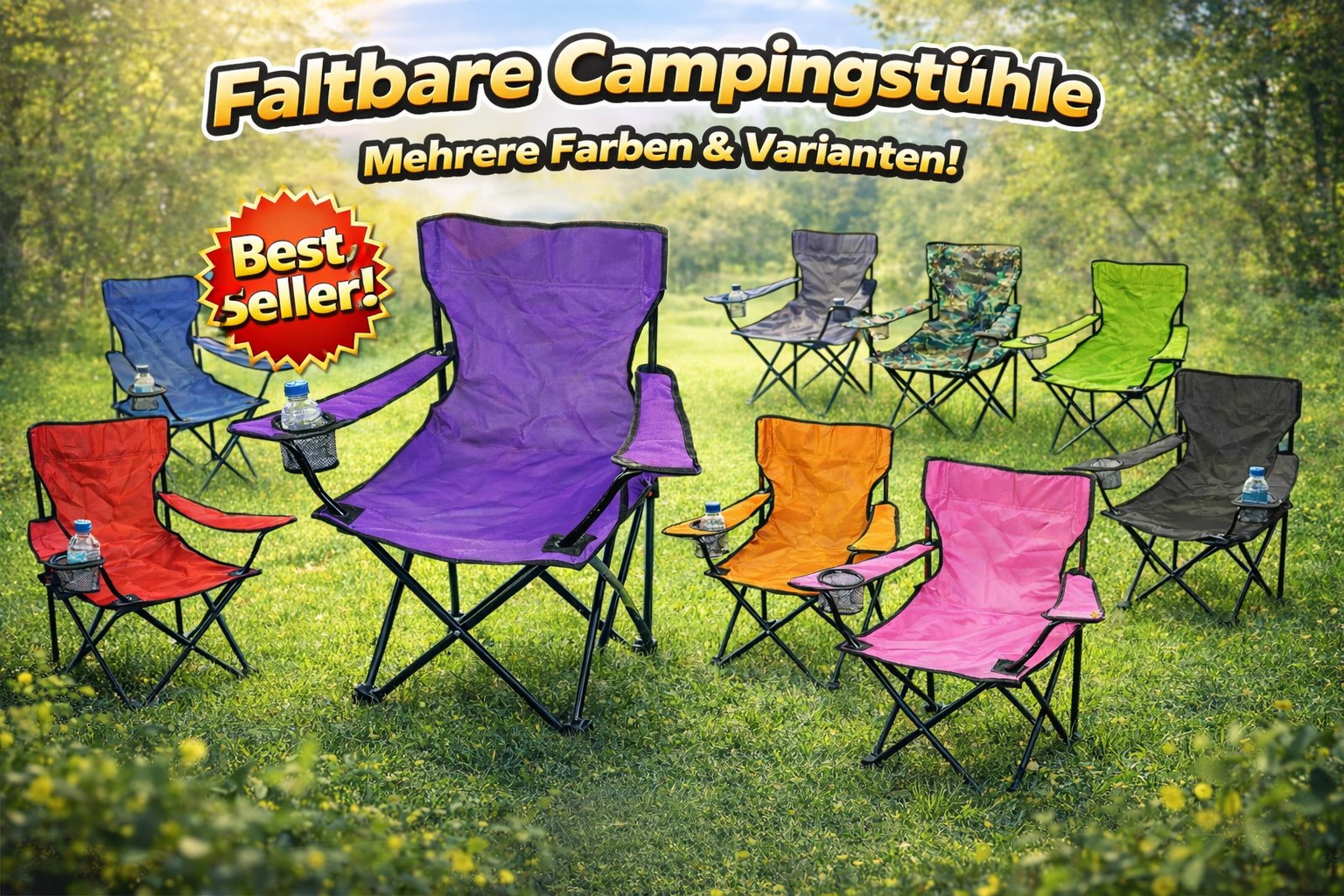 3x Klappstuhl Campingstuhl Anglerstuhl Blau mit Getränkehalter & Tragetasche
