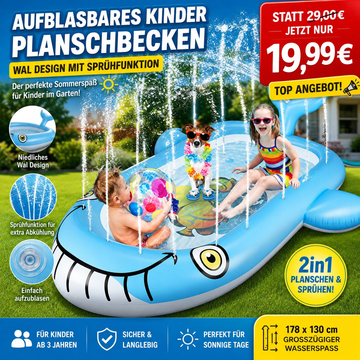 Splash Pad Sprinkler Water Play Mat Splash 2 in 1 Inflatable Baby Pool 178 