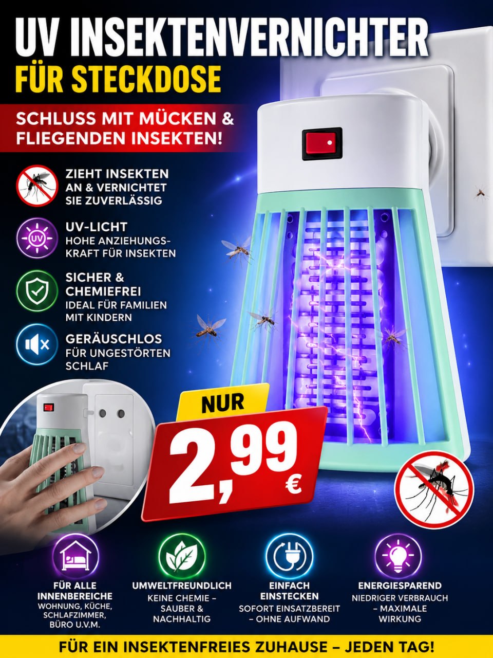 UV Insektenvernichter für Steckdose – Elektrische Mückenlampe gegen fliegende Insekten mit UV-Licht