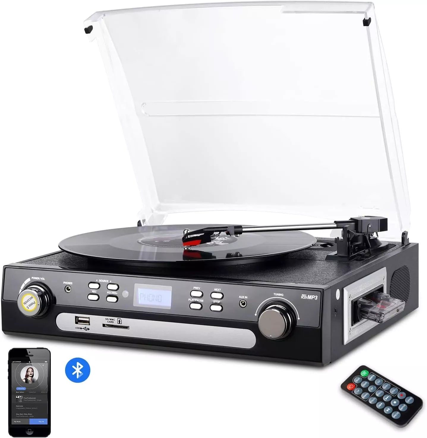 Bluetooth Plattenspieler Turntable mit Stereo-Lautsprecher Vinyl-zu-MP3-Aufnahme