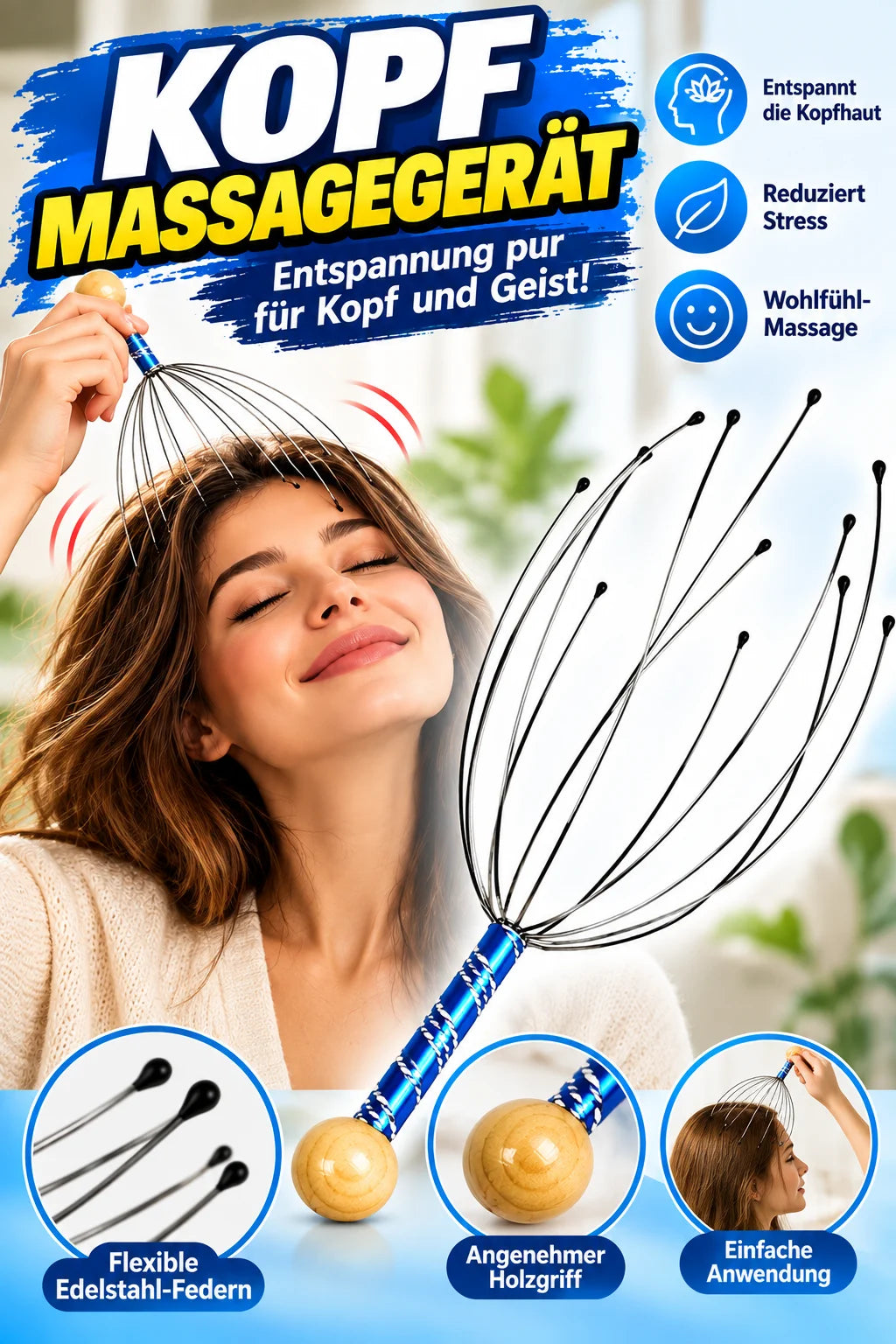 Kopfmassagegerät mit 12 Massagearmen – Kopfkrauler für sanfte Kopfhautmassage und Entspannung