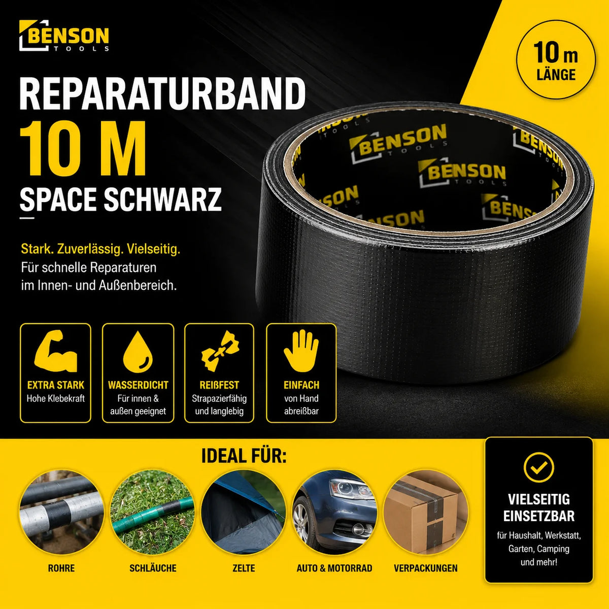Reparaturband 10m Schwarz Gewebeband Panzerband Klebeband Universal