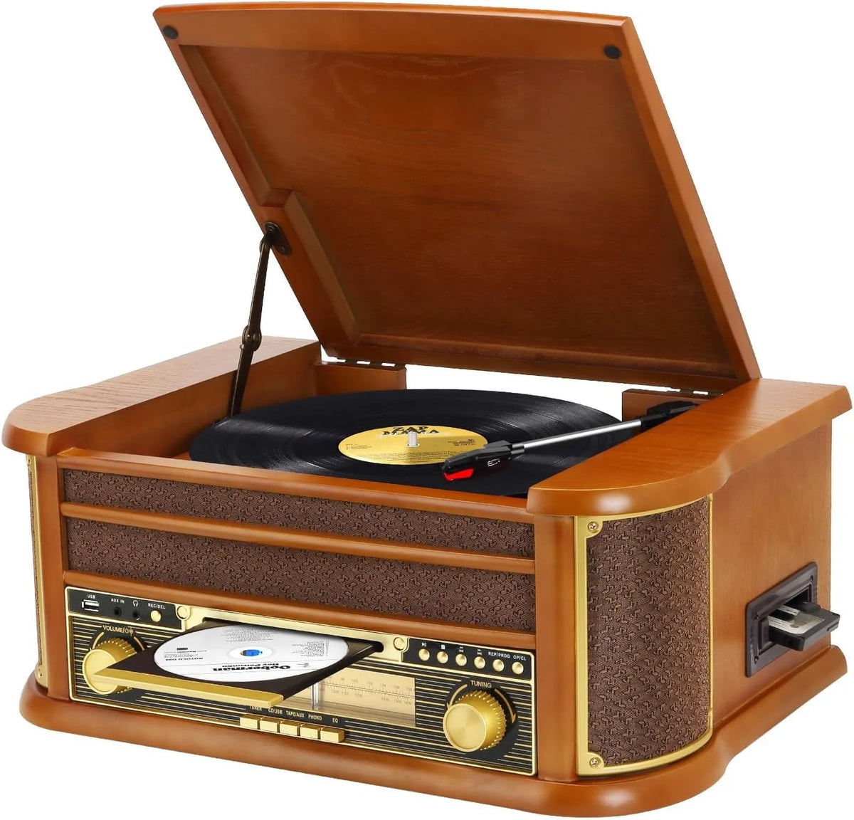 Nostalgie Holz Musikanlage – Retro Stereoanlage mit Plattenspieler, CD-Player, USB, Radio & Bluetooth