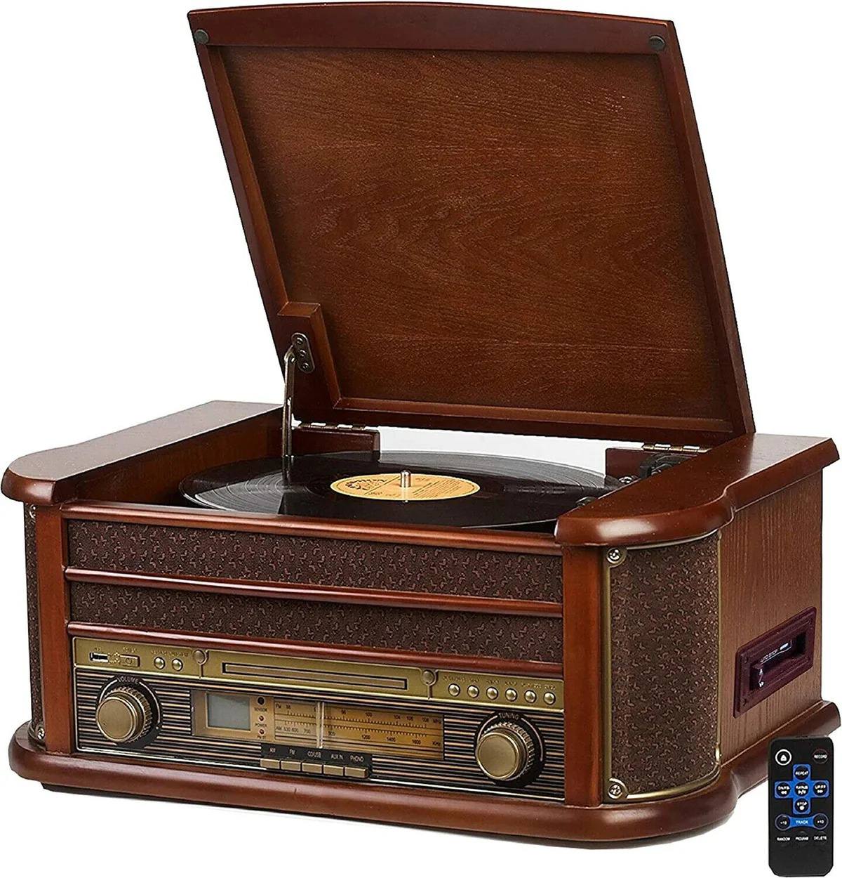 Plattenspieler Retro CD Player Radio USB AUX Stereoanlage Lautsprecher Holz