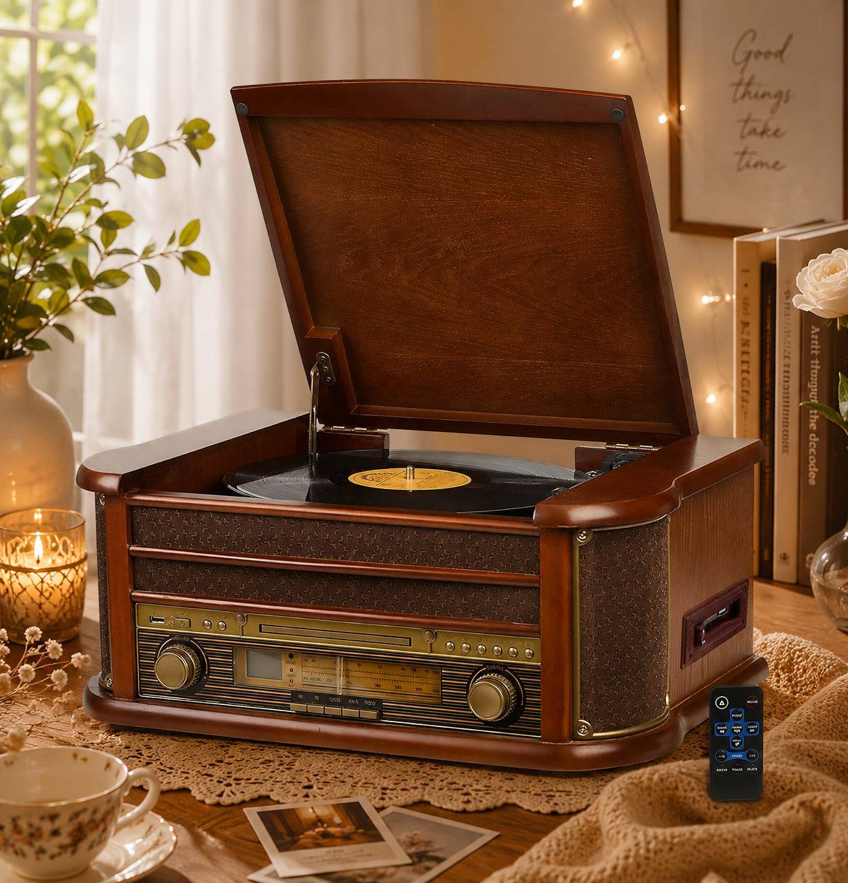 Plattenspieler Retro CD Player Radio USB AUX Stereoanlage Lautsprecher Holz