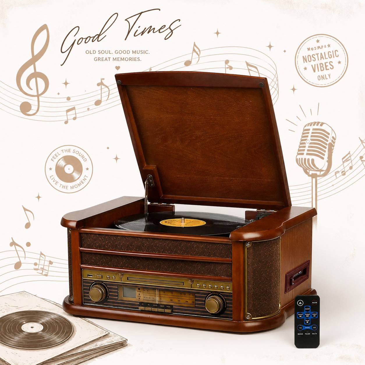 Plattenspieler Retro CD Player Radio USB AUX Stereoanlage Lautsprecher Holz