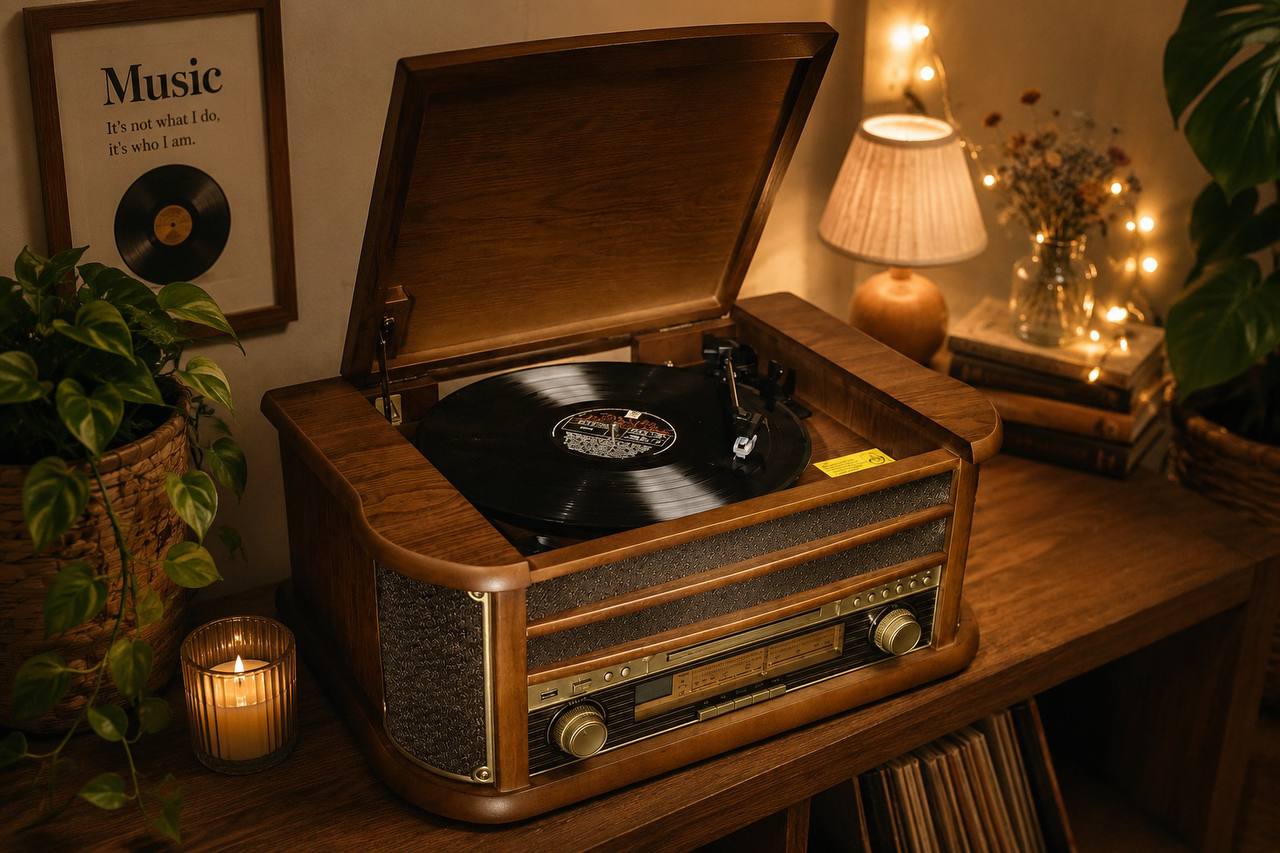 Plattenspieler Retro CD Player Radio USB AUX Stereoanlage Lautsprecher Holz