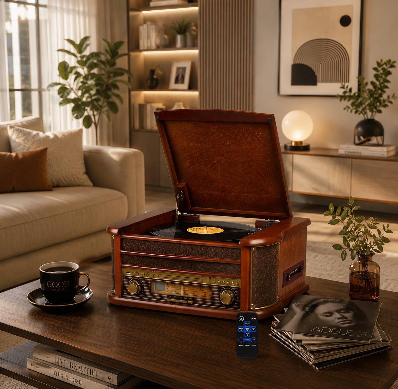 Plattenspieler Retro CD Player Radio USB AUX Stereoanlage Lautsprecher Holz