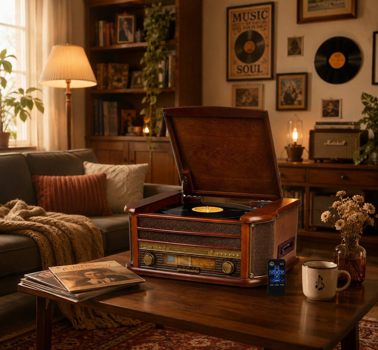 Plattenspieler Retro CD Player Radio USB AUX Stereoanlage Lautsprecher Holz