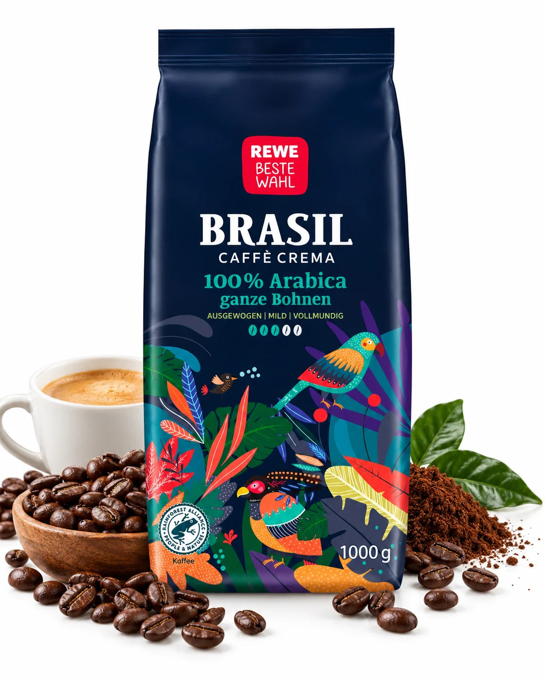 REWE Beste Wahl Brasil Kaffee ganze Bohne 1kg Arabica mild Vollautomat