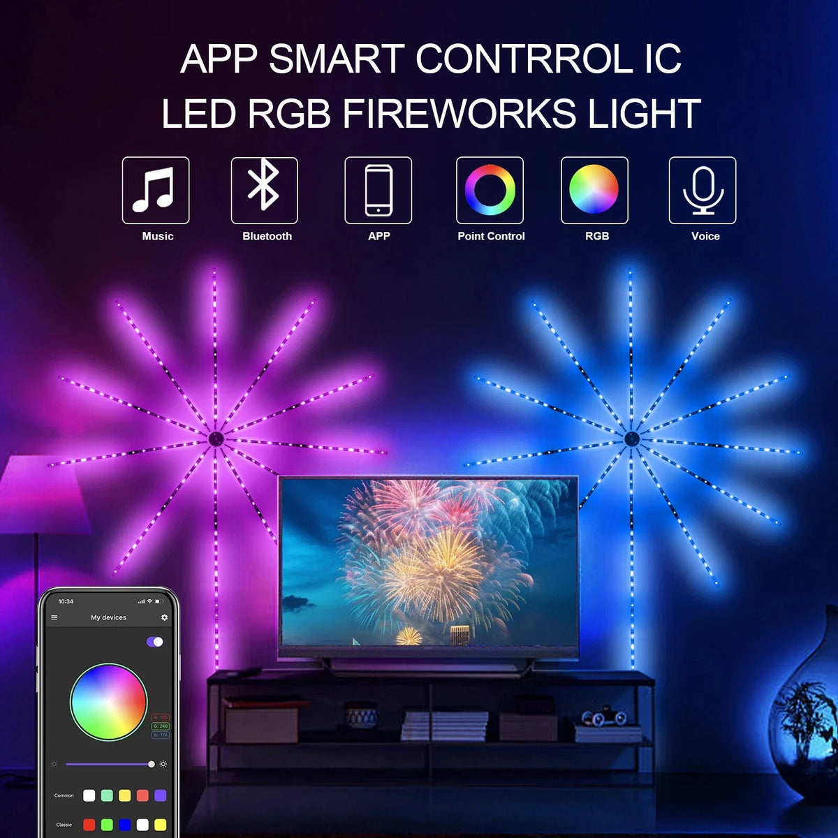 RGB LED Feuerwerk Lichterkette mit Bluetooth Musikmodus & Traumfarben 5V USB