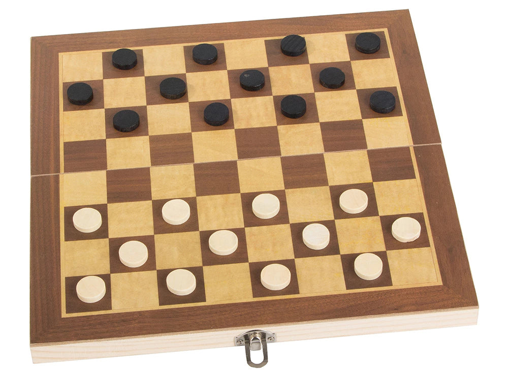 3-in-1 Schachspiel aus Holz mit Dame und Backgammon – Klappbares Familienspiel & Reisespiel 29,5 x 29,5 cm