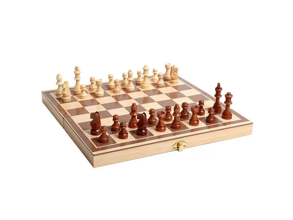 3-in-1 Schachspiel aus Holz mit Dame und Backgammon – Klappbares Familienspiel & Reisespiel 29,5 x 29,5 cm