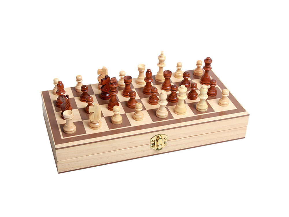 3-in-1 Schachspiel aus Holz mit Dame und Backgammon – Klappbares Familienspiel & Reisespiel 29,5 x 29,5 cm