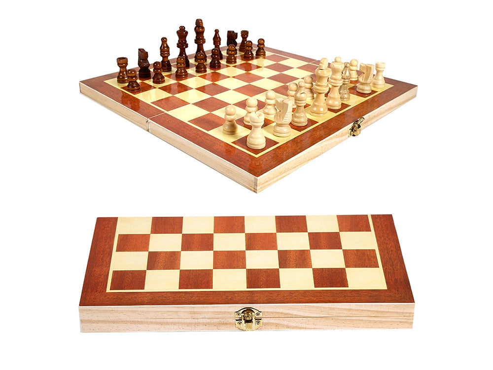 3-in-1 Schachspiel aus Holz mit Dame und Backgammon – Klappbares Familienspiel & Reisespiel 29,5 x 29,5 cm