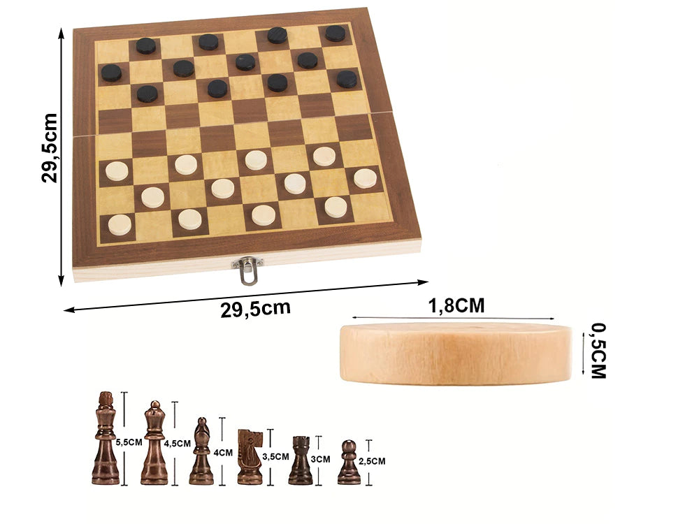 3-in-1 Schachspiel aus Holz mit Dame und Backgammon – Klappbares Familienspiel & Reisespiel 29,5 x 29,5 cm