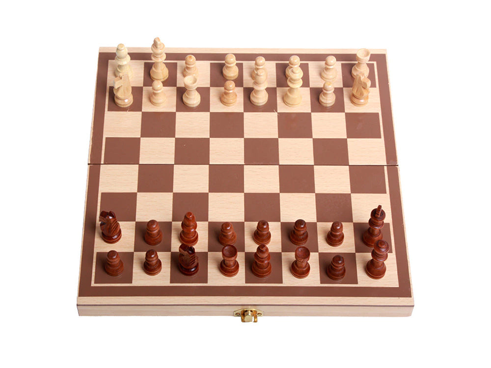 3-in-1 Schachspiel aus Holz mit Dame und Backgammon – Klappbares Familienspiel & Reisespiel 29,5 x 29,5 cm