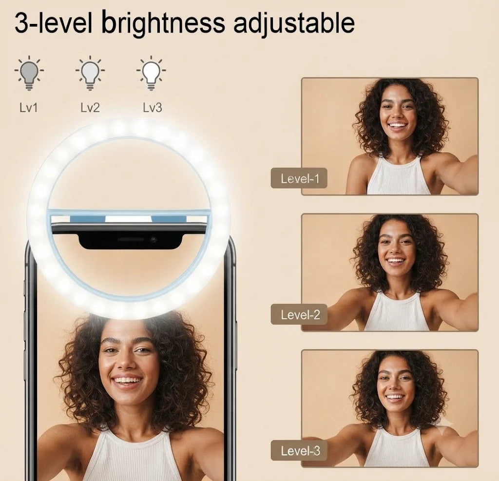Selfie Ringlicht LED Clip Smartphone Tablet 36 LEDs USB Wiederaufladbar