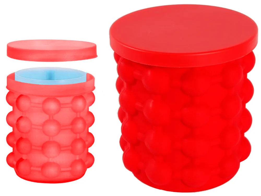 Silikon Eiswürfelform mit Behälter – Eiseimer für bis zu 32 Eiswürfel mit Deckel, Rot