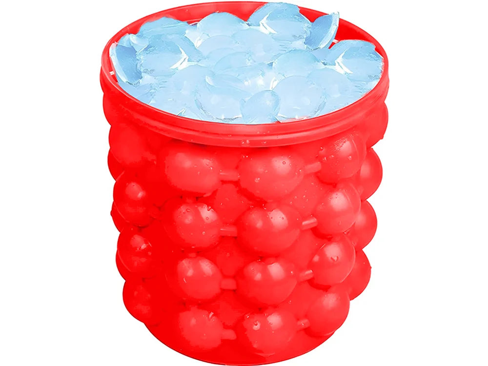 Silikon Eiswürfelform mit Behälter – Eiseimer für bis zu 32 Eiswürfel mit Deckel, Rot