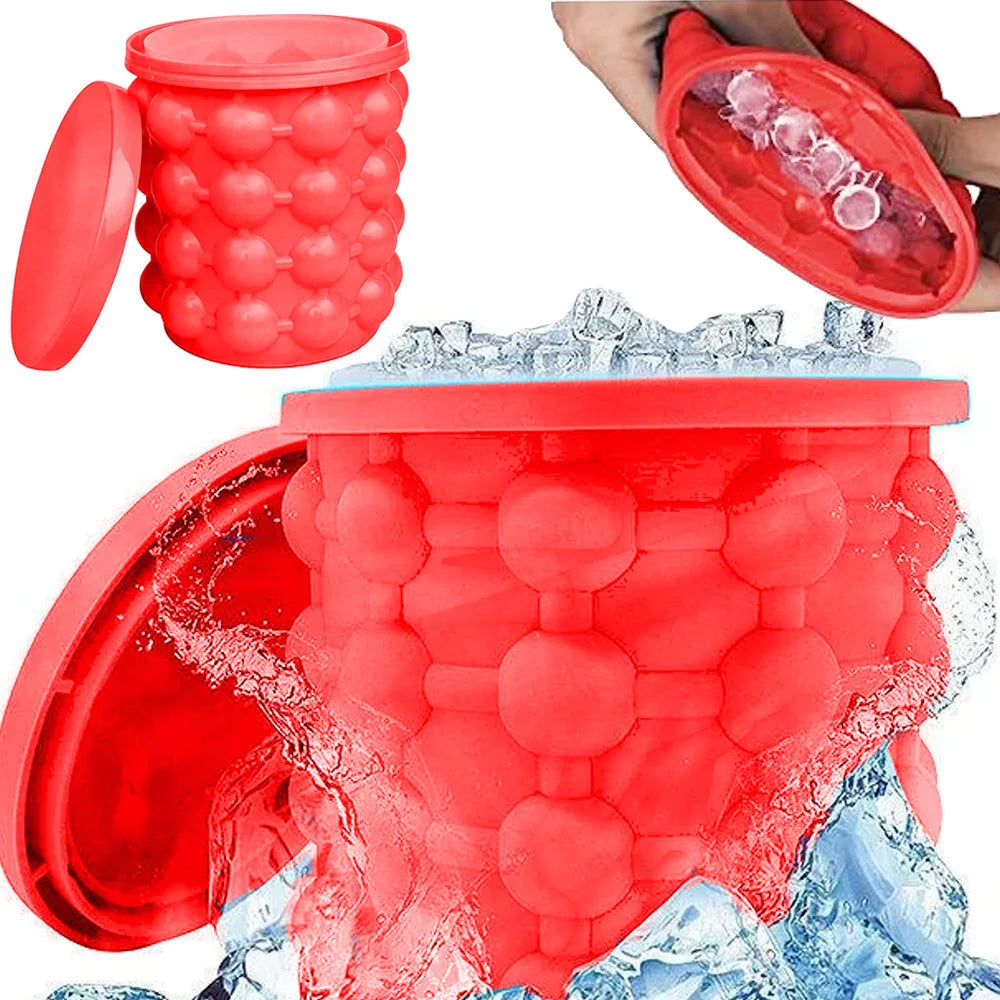 Silikon Eiswürfelform mit Behälter – Eiseimer für bis zu 32 Eiswürfel mit Deckel, Rot