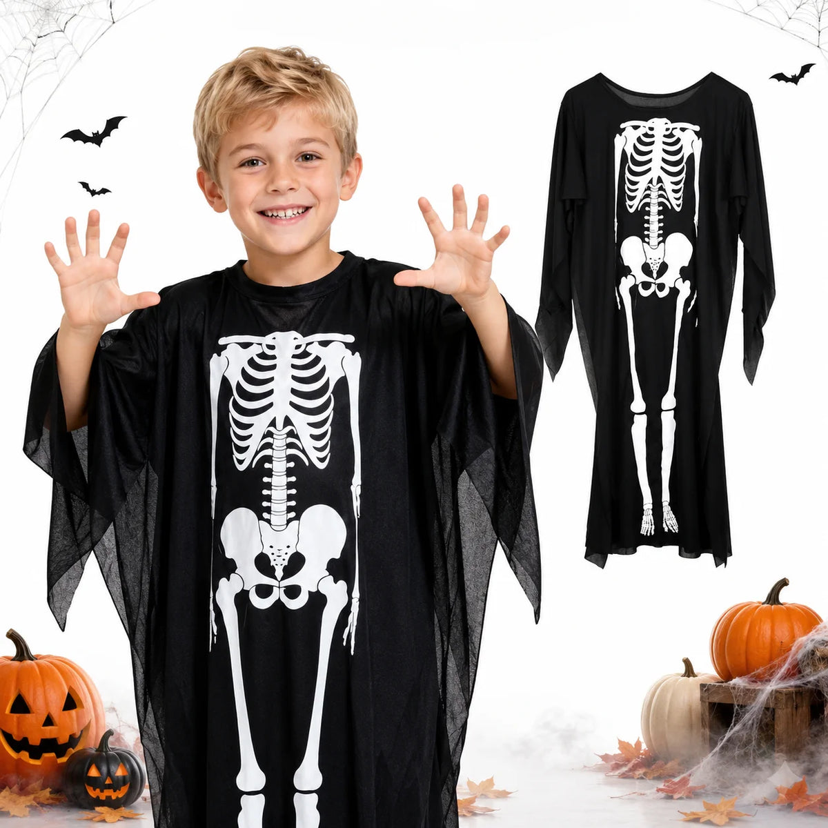 Skelett Kostüm Halloween Schwarz Langarm Verkleidung Karneval Universal