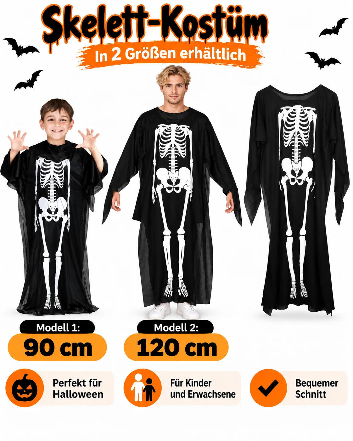Skelett Kostüm Jumpsuit für Herren, Damen & Kinder – Halloween, Karneval und Cosplay 90/120cm