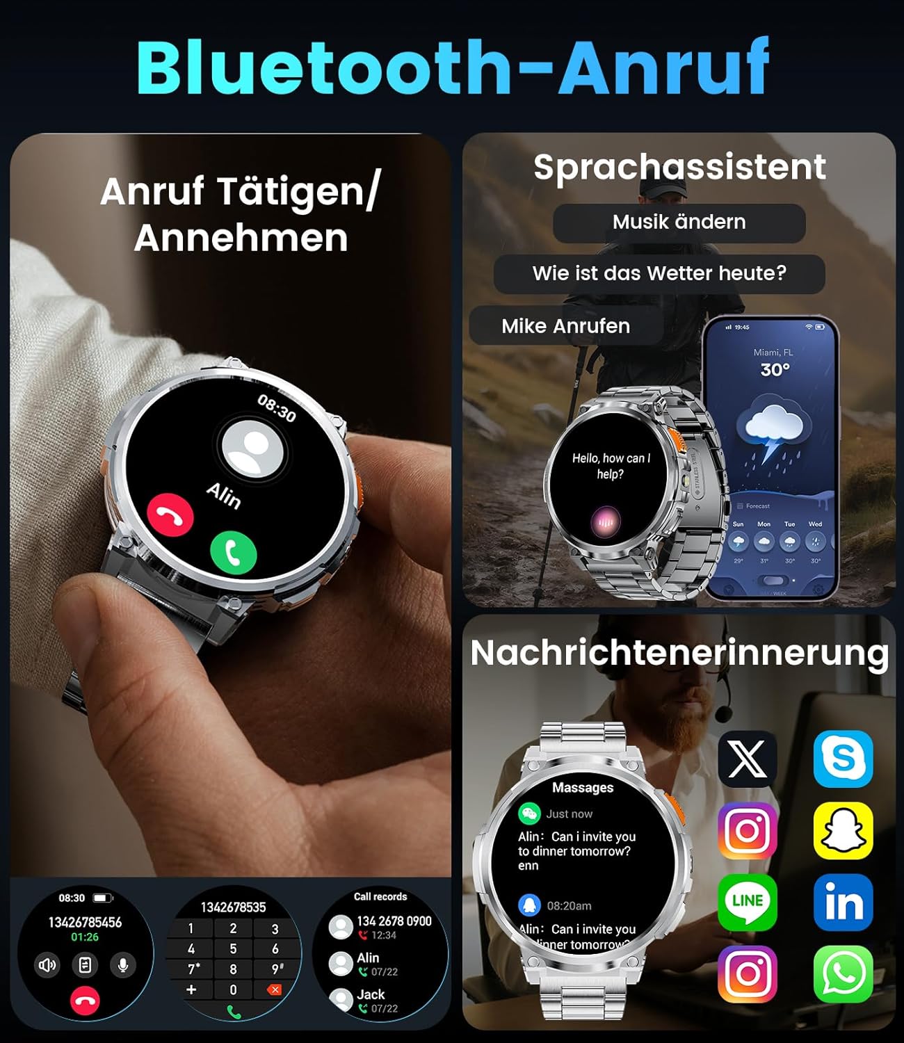 Smartwatch Men with Phone Function, 1.96'' DIY HD Outdoor Smartwatch Military, 120+ Sport Mode IP68 Waterproof Fitness Watch Men with Blood Pressure Measurement Android Ios, Leather