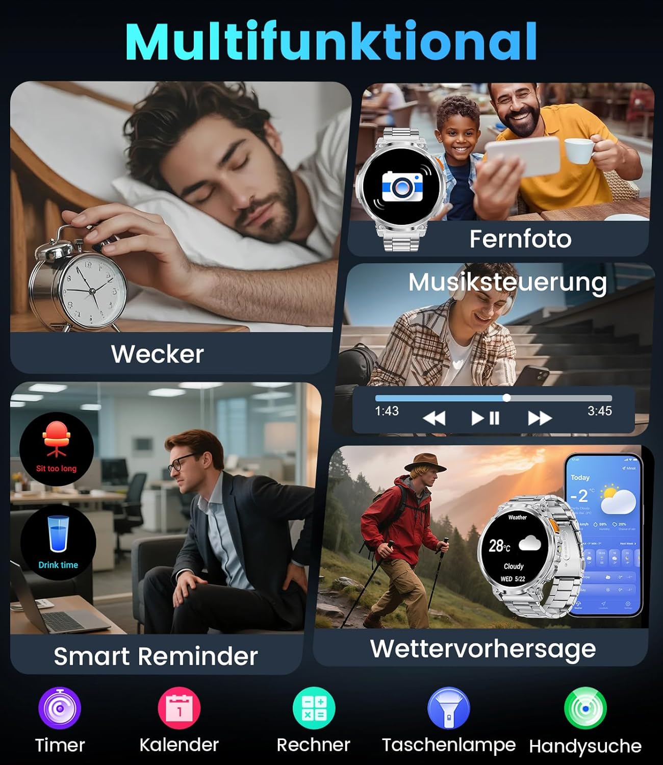 Smartwatch Men with Phone Function, 1.96'' DIY HD Outdoor Smartwatch Military, 120+ Sport Mode IP68 Waterproof Fitness Watch Men with Blood Pressure Measurement Android Ios, Leather