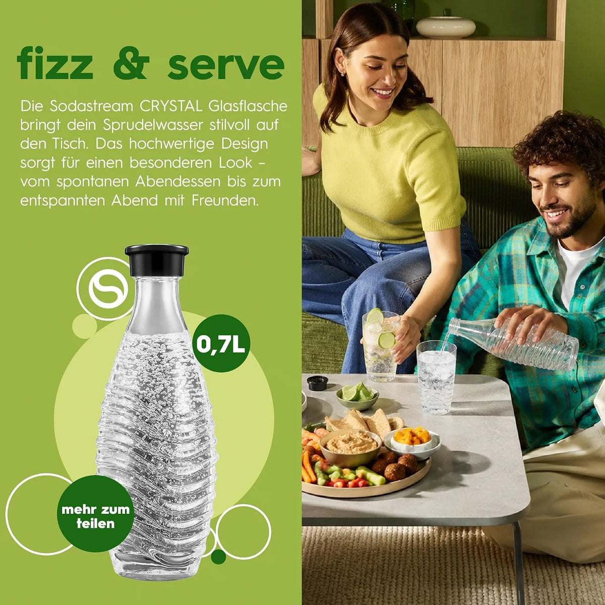 SodaStream CRYSTAL Glaskaraffe 2er-Pack – 0,7L Glasflaschen mit Schraubverschluss, spülmaschinenfest