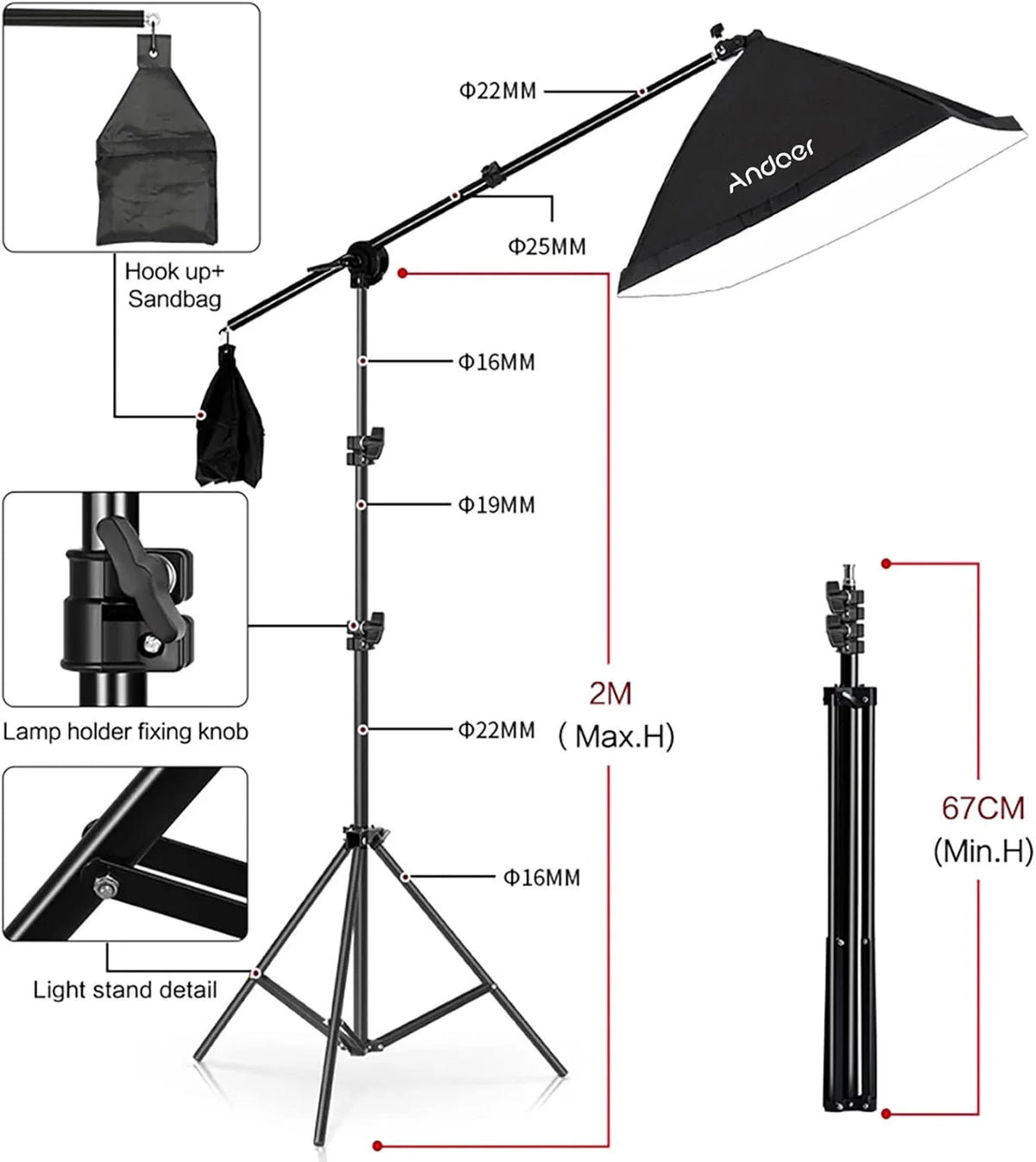 Softbox set photo studio 50 x 70 cm, continuous light studio light set E27 85 W 5500 K 2 m 