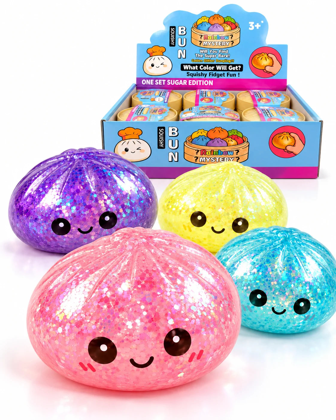 Dumpling Squishy Mystery Fidget Toy – Slow Rising TPR Kawaii Spielzeug im Dampfkorb mit Überraschungsfarbe 9,5cm
