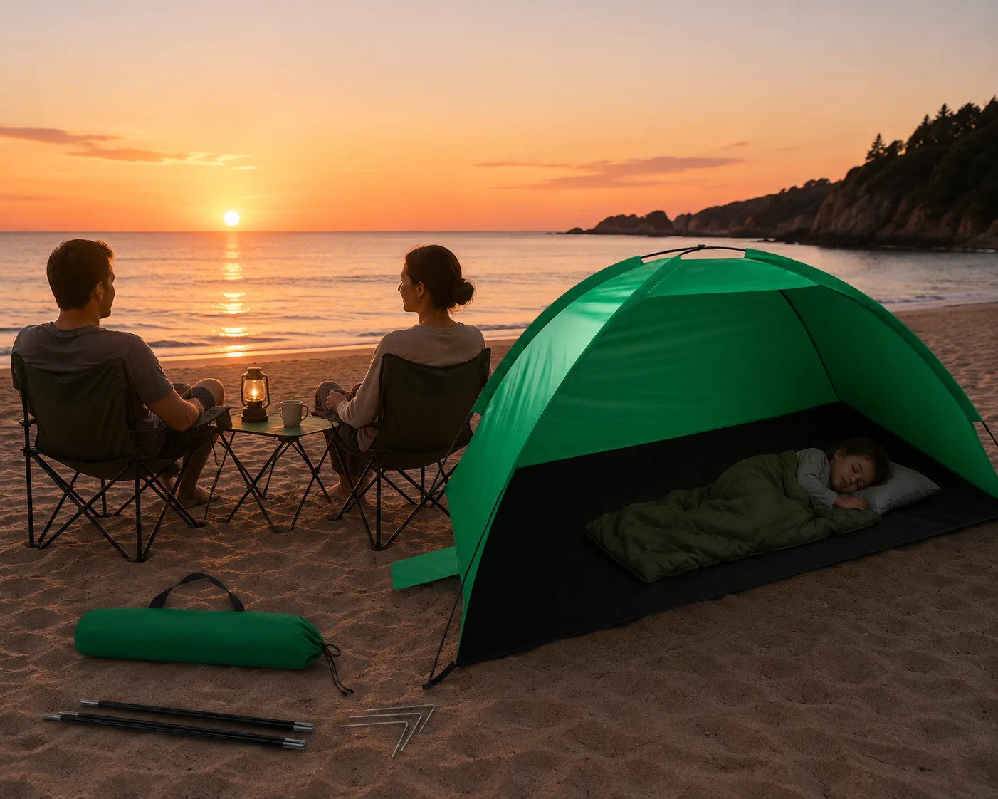 Strandzelt UV-Schutz Pop Up Strandmuschel Halboffen Garten Camping Grün